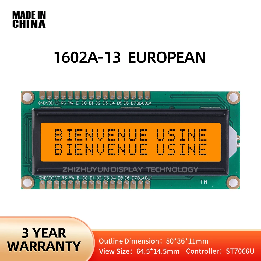 LCD 1602A-13 tampilan karakter Eropa oranye ST7066U pengontrol 5V 3.3V modul antarmuka dua baris