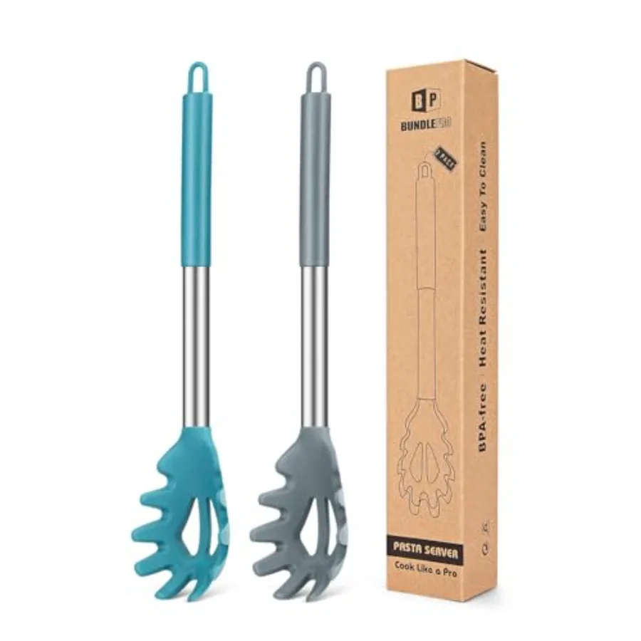 Paquete de 2 tenedores de silicona para pasta, cuchara para servir fideos resistente al calor, colador de espaguetis sin BPA, las mejores herramientas de cocina, color gris-BL