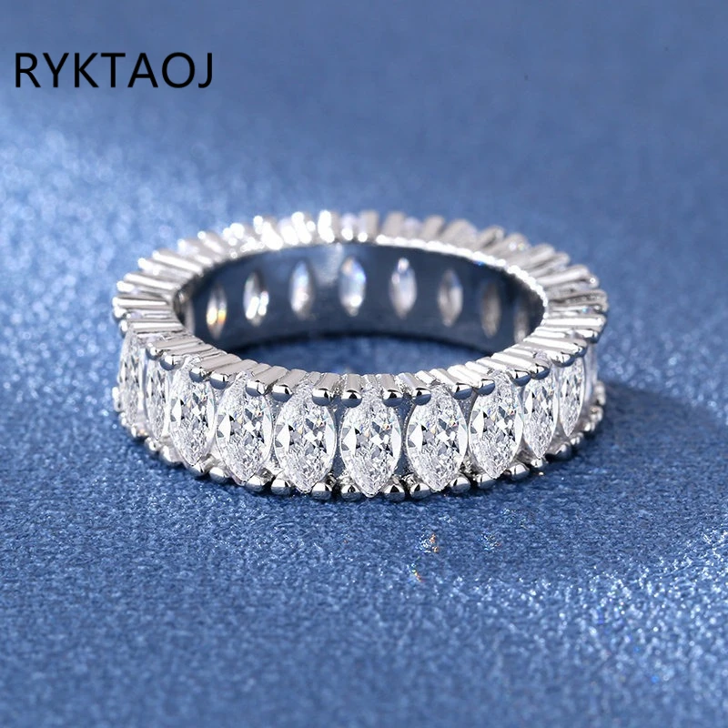 Luxury 925 Sterling Silver Eternity Band Ring Marquise Cut CZ Zircon Full Paved Ring for Women Wedding Party Fine Jewelry