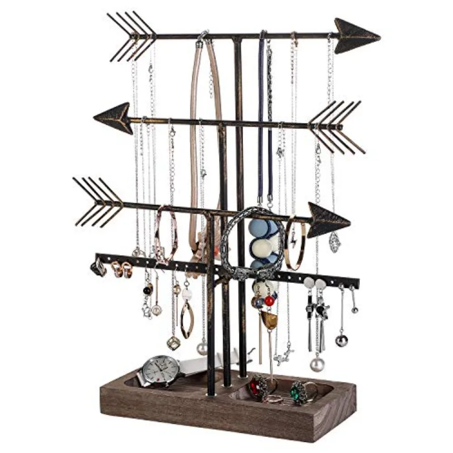 

Arrow Jewelry Organizer Stand 4-Tier Black Jewelry Stand Necklace Organizer With Wooden Ring Holder For Jewelry Display Bracele