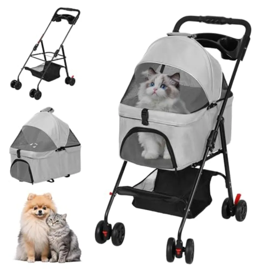 

Foldable pet stroller for dogs and cats: grey polyester with breathable mesh canopy, 4-wheel mobility, removable carrier, stora