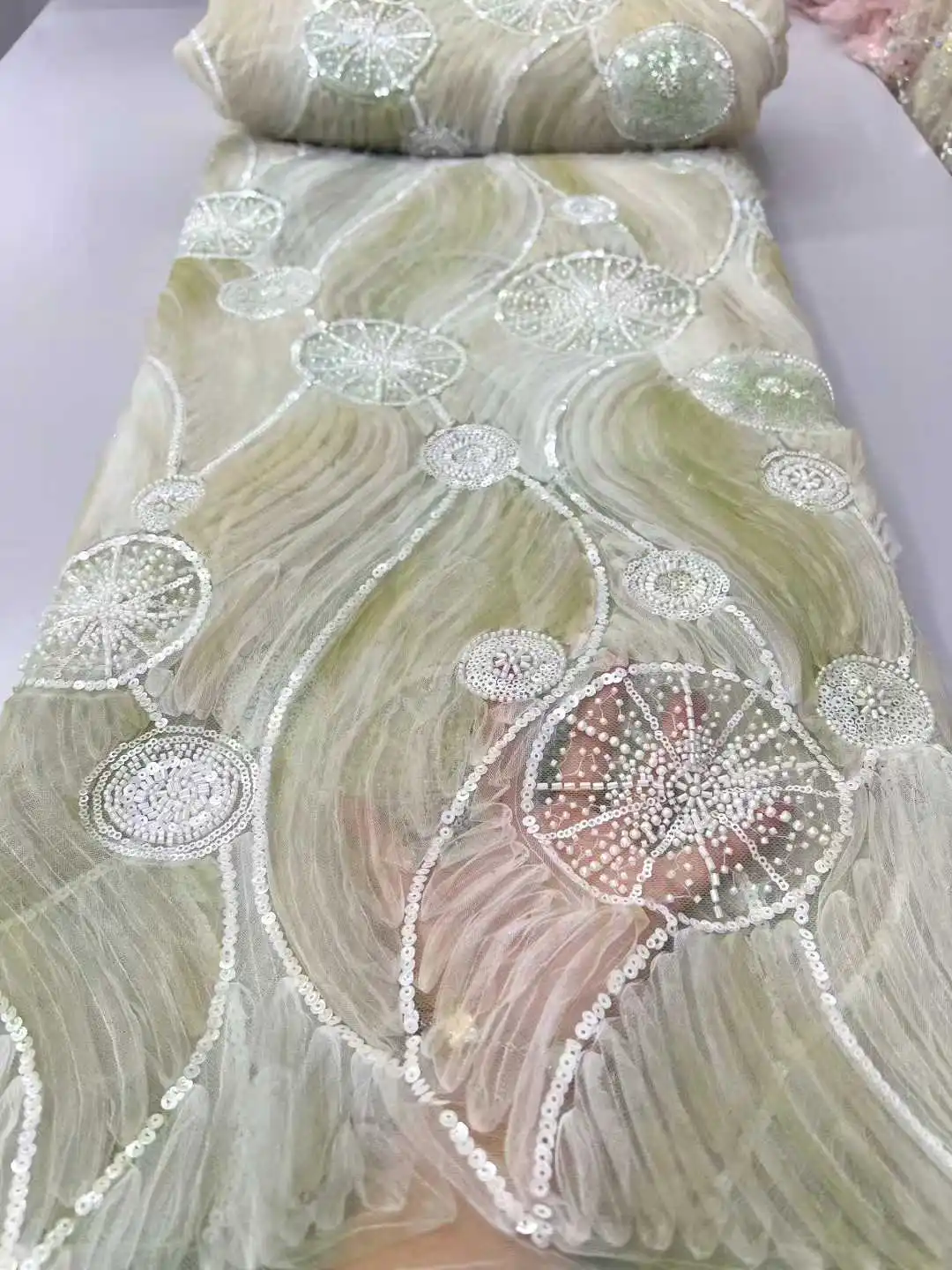 5 ياردة الأفريقي ثلاثية الأبعاد زهرة الخرز الدانتيل النسيج 2025 جودة عالية الفرنسية النيجيري تول تطريز النسيج لفستان الزفاف الخياطة