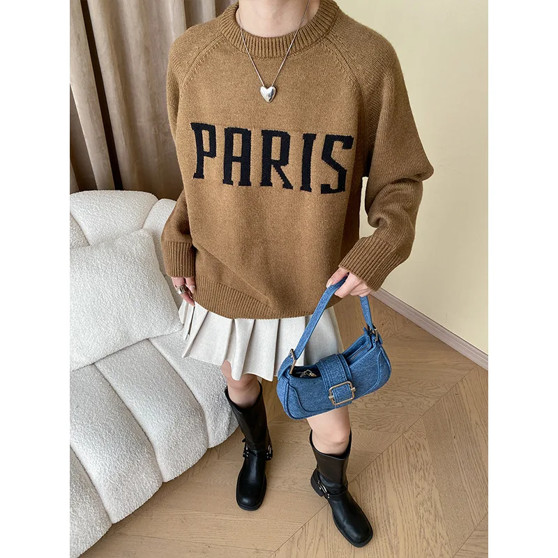 Autumn Winter Letter Raglan Sleeve Wool Sweater Women Round Neck Loose Long Sleeve Knit Jumpers