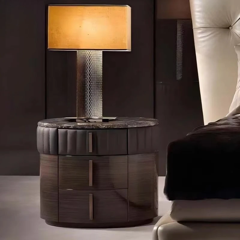 Luxury round bedside table with natural marble top dark wood veneer and gold handle