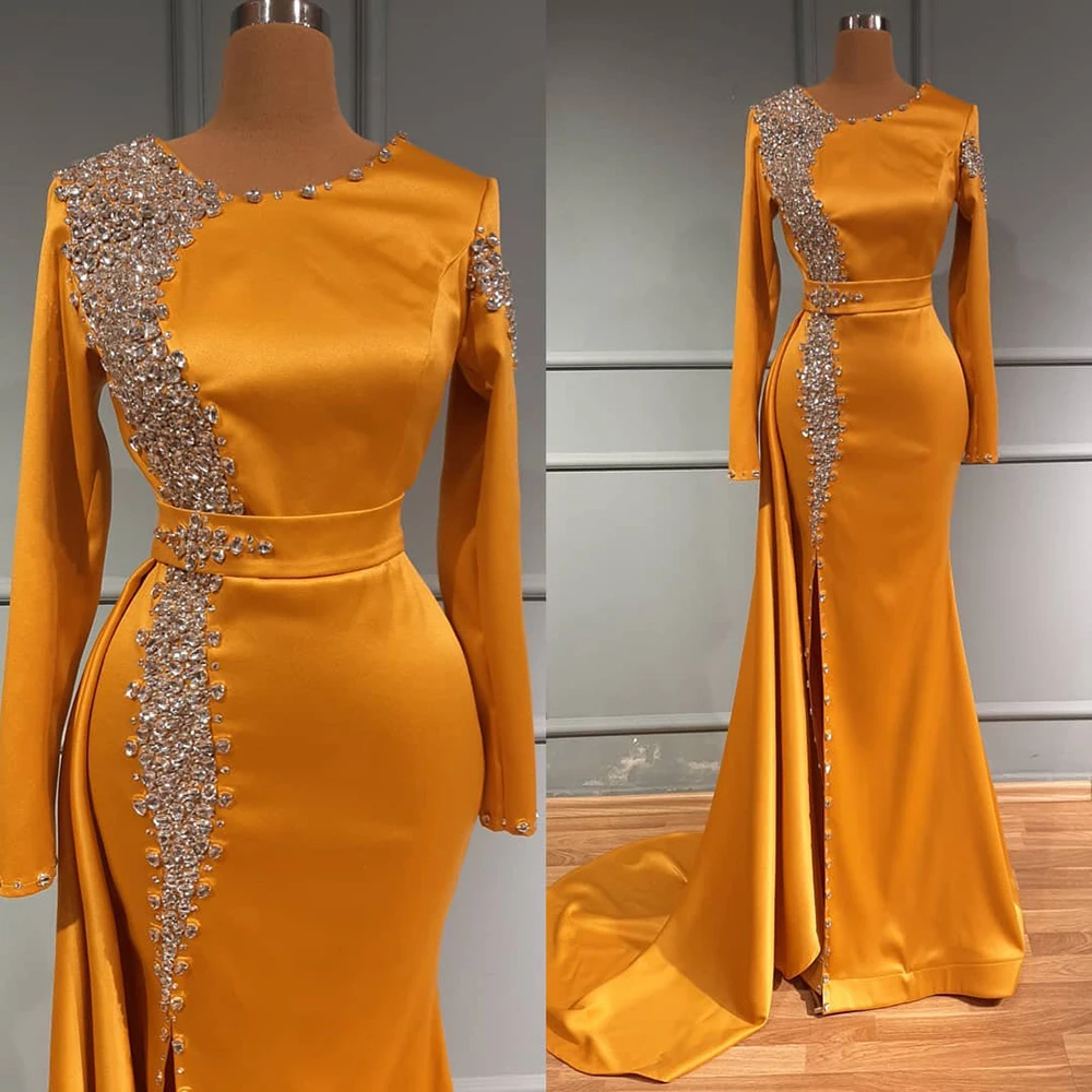 Luxuoso árabe aso ebi laranja cetim sereia vestidos de noite 2022 cristais frisados baile formal festa de formatura vestidos de recepção