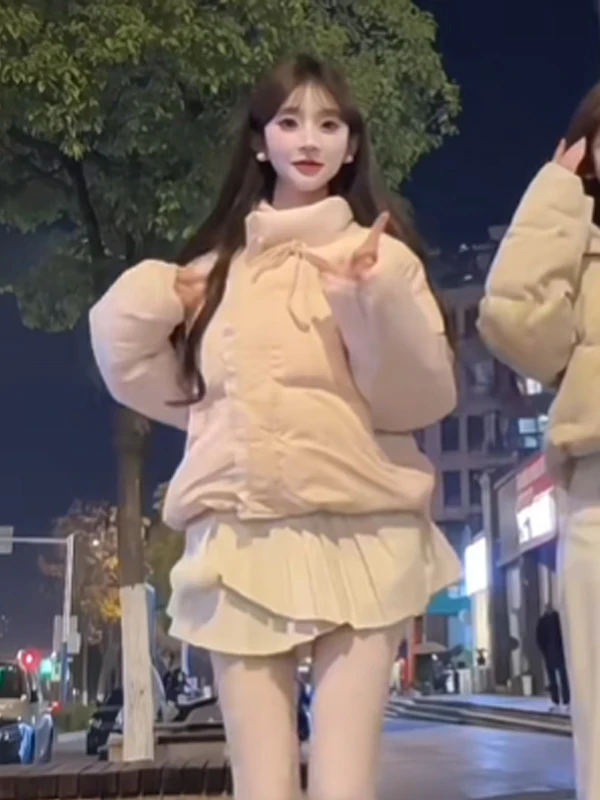 

Korean Sle ort Pink Cotton Jaet Women's Winter Warm Bow Tie Trendy Faion Commute Loose Fit Pure Color Zipper Closure