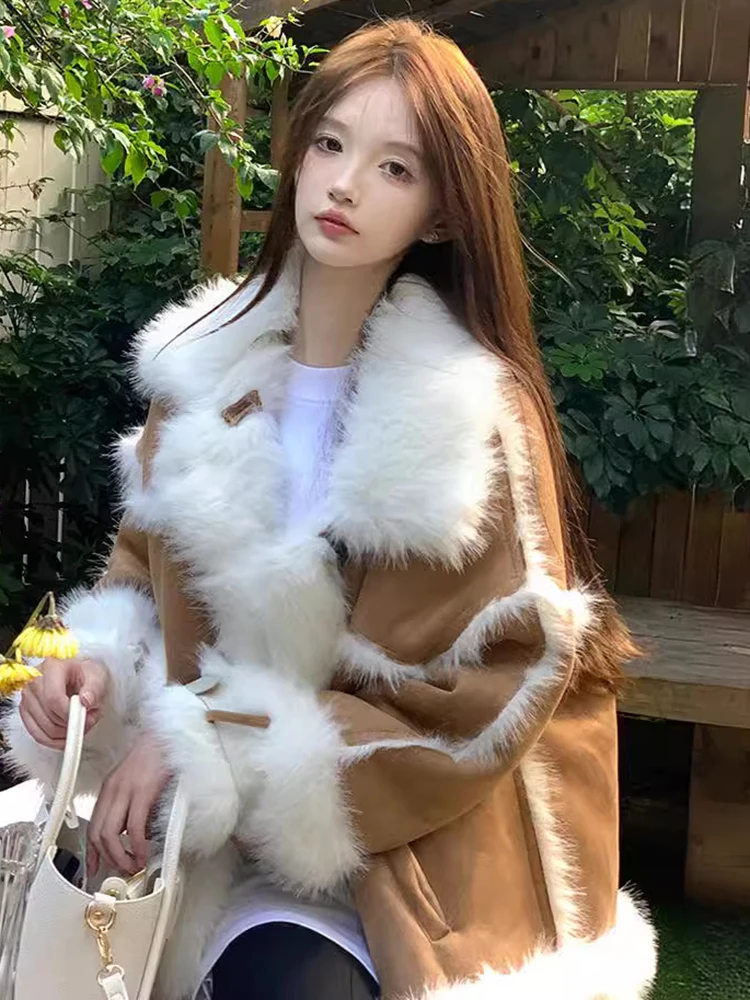 DEAT Fashion Integrated Fur Coat Women's Fur Collar Loose Single Braested Imitation Fox Fur Jacket Winter 2024 New 7AB6279