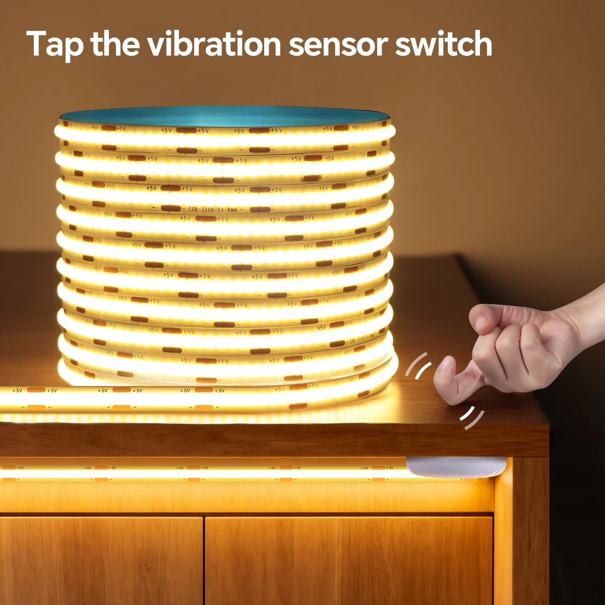 Interessante USB-Lampe, zweiseitig aktivierter Vibrationsinduktionsschalter, COB-Band, flexible Installation für Schreibtisch/Schrank/Spiegel