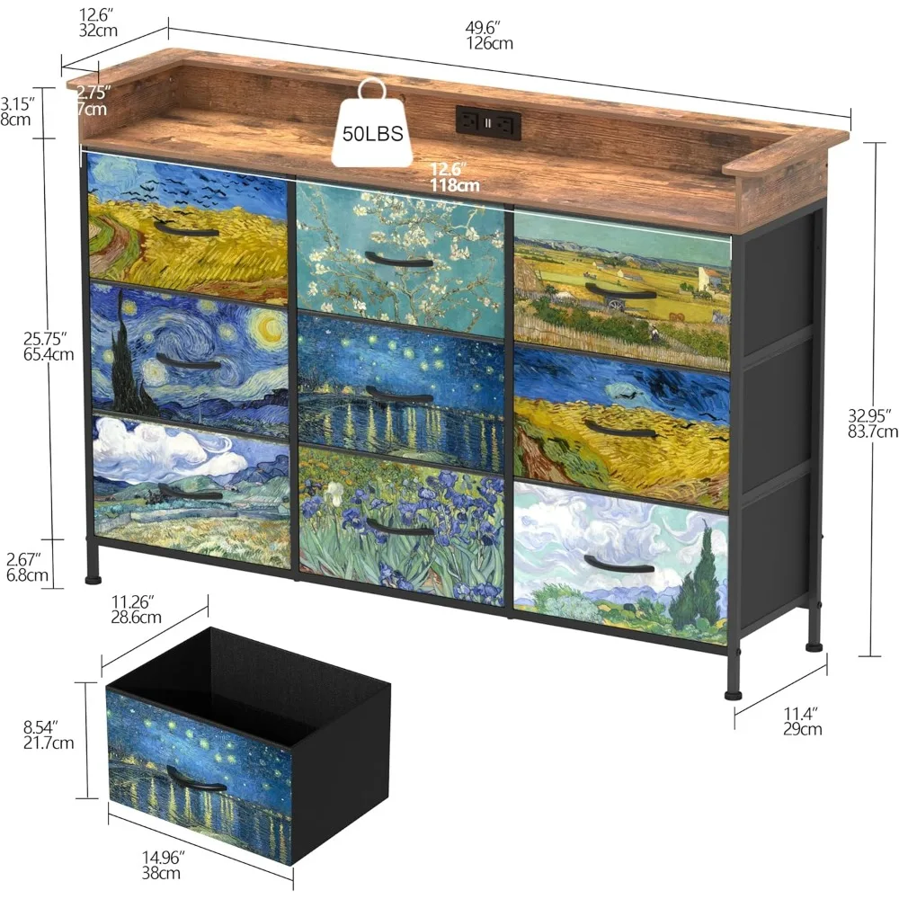 Bedroom Dresser, Van Gogh Dresser, with 9 drawers, wardrobe of drawers, fabric clothes drawer, fabric wardrobe