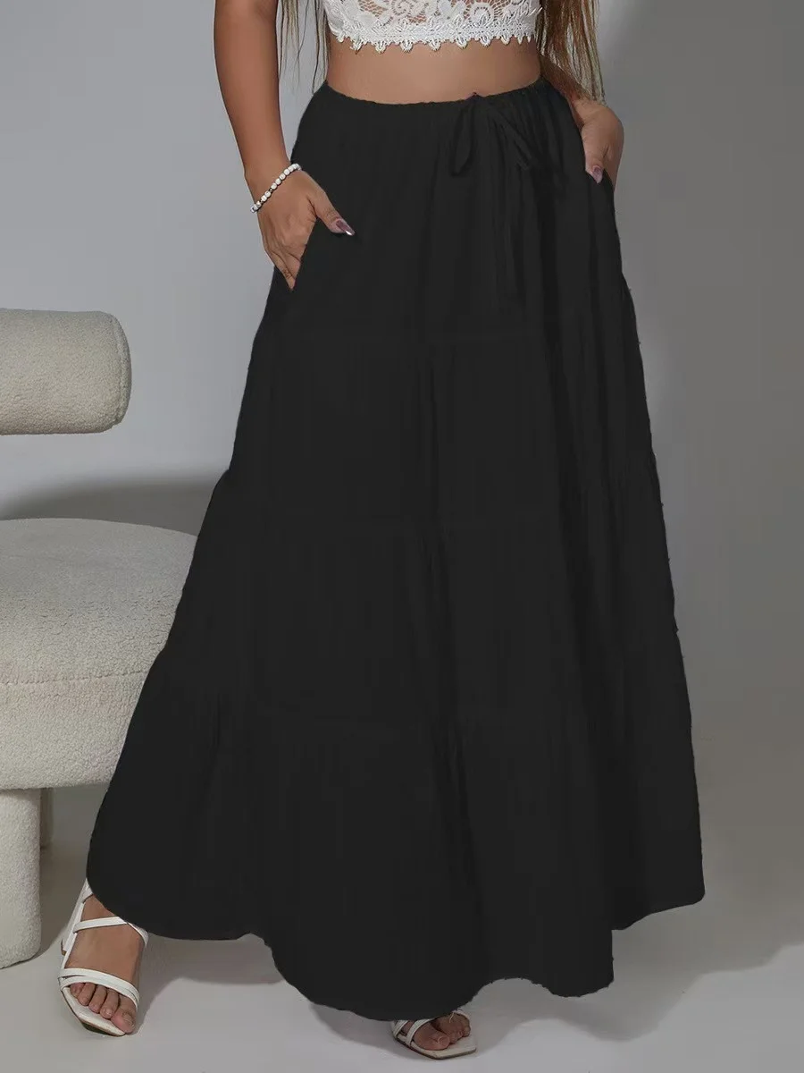 Adjustable Drawstring High Waist Splicing Skirt Long A-Line Midi Skirt for Women Daily Travel Polyester Fabric Lace up