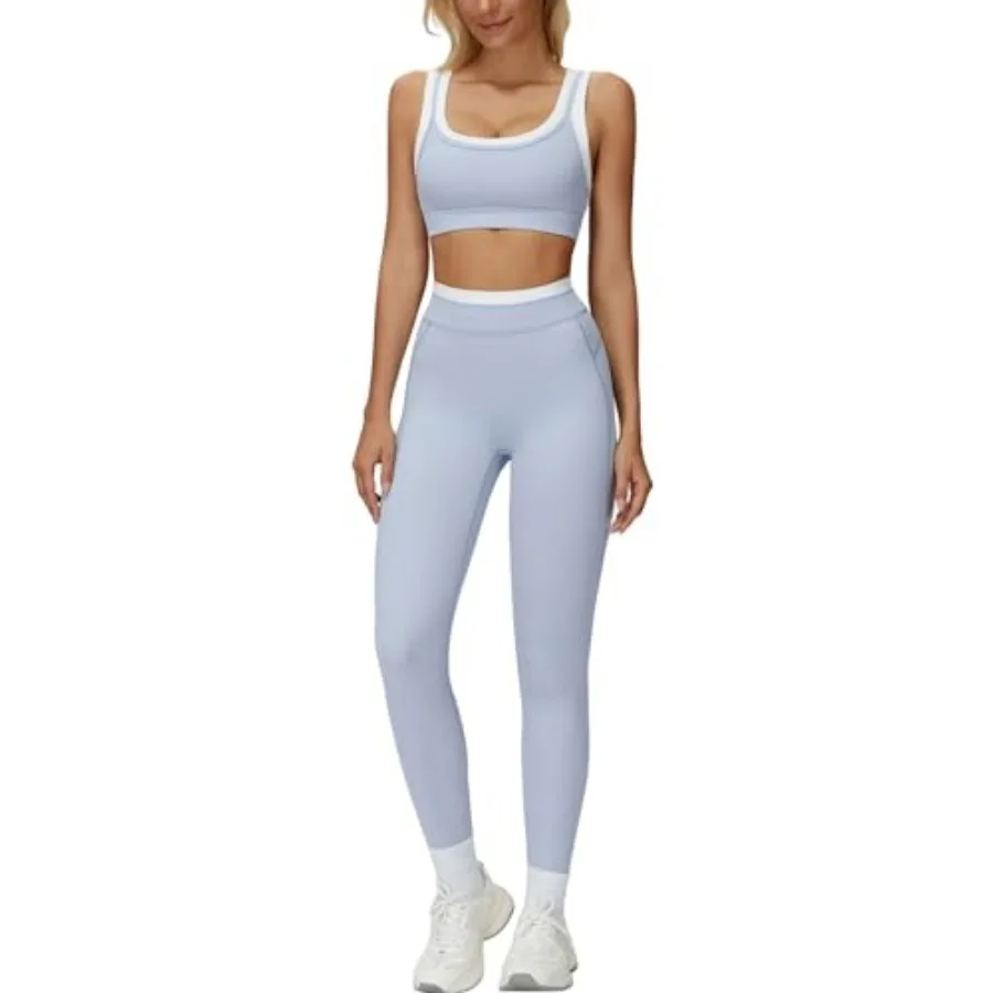 

QBGJTD Womens Workout Set Two Pcs U Back Color Block Sports Bra Matching High Waist Leggings Gym Pilates Outfits