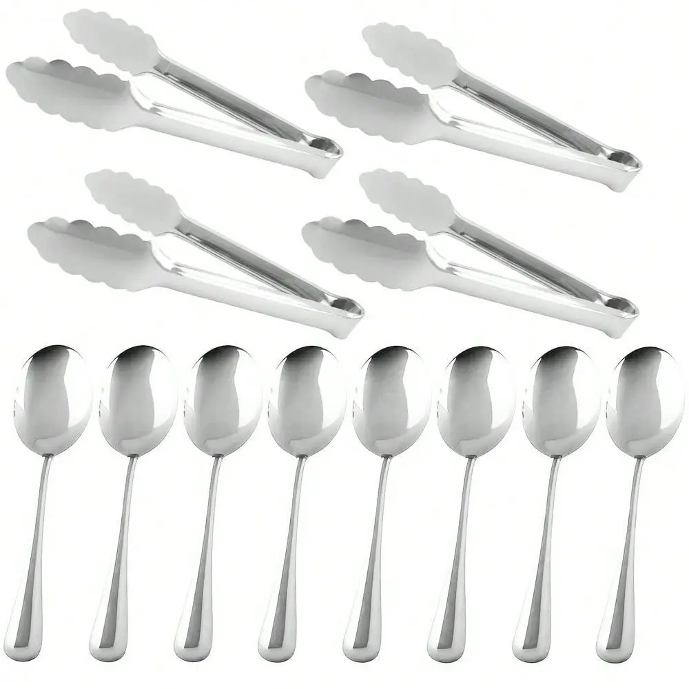 

Steel Serving Utensils Sets With 8 Large Serving Spoons,4 Serving Tongs,Silver Serving Utensills Sets For Buffet Catering Banqu