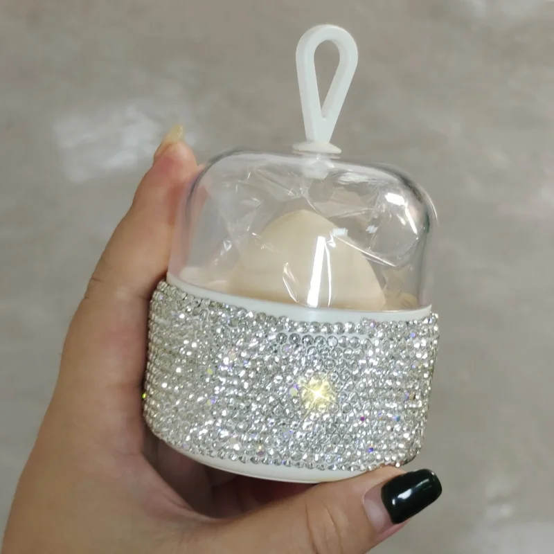 High appearance level beauty egg storage box artificial diamond-encrusted portable dustproof super soft with lid do not eat pink