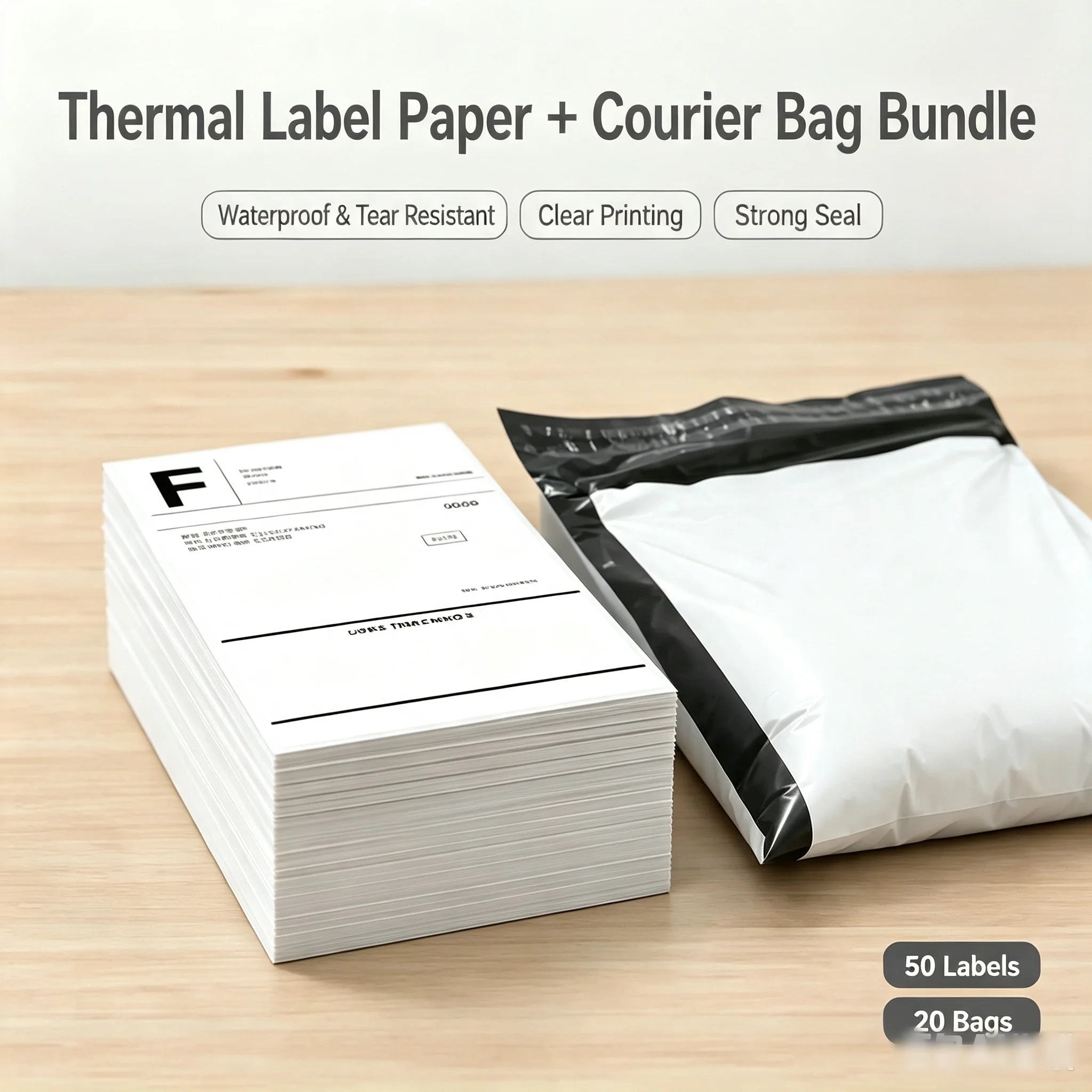50Pcs Thermal Shipping Labels + 20Pcs Poly Mailers Bags, 4×6 Inch Self‑Adhesive Label Stickers Waterproof Mailing Envelopes for
