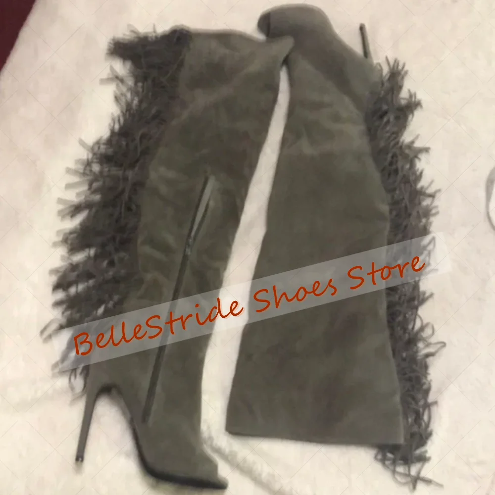 

Grey Peep Toe Side Zipper Boots Tassels Decor Women Shoes Stilettos High Heels Party Banquet Dating 2025 Zapatos Para Mujere