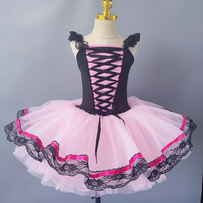 Vestido infantil princesa tutu, vestido de salão, renda rosa, tutu de dança moderna, vestido de dança jazz para meninas, roupa de palco infantil