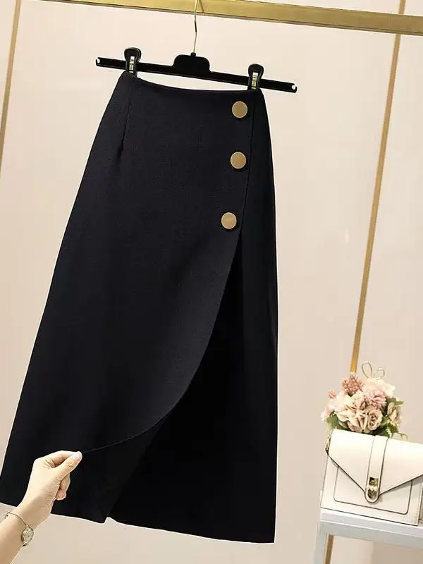 

Элегантный черный костюм с юбкой А-силуэта, высокая талия, эластичный пояс, длина миди, премиум качество, лето 2025, новый стиль, корейская версия