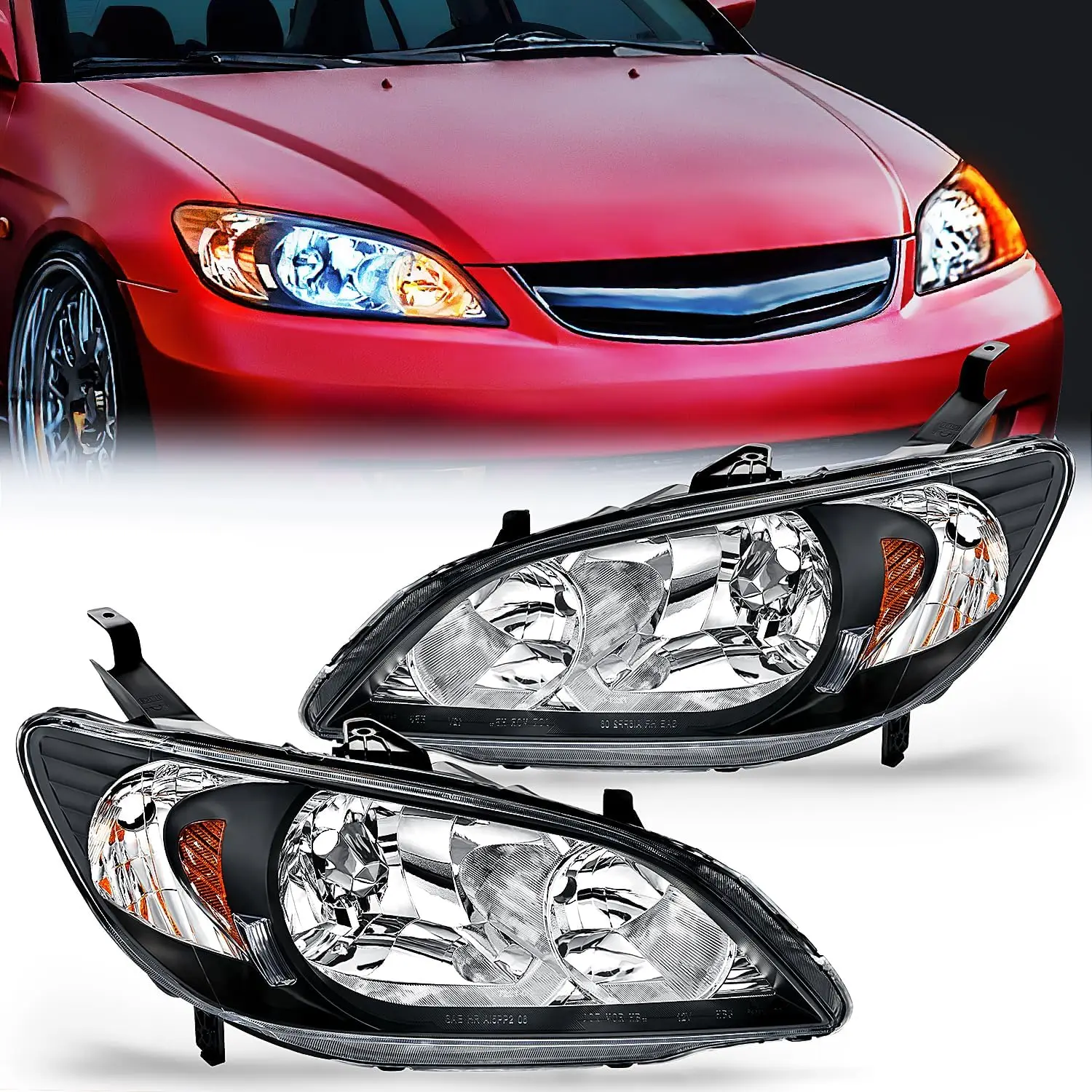 Headlight Assembly Compatible with 2004 2005 Honda Civic Headlamps Replacement Black Housing Amber Reflector Upgraded Clear Lens