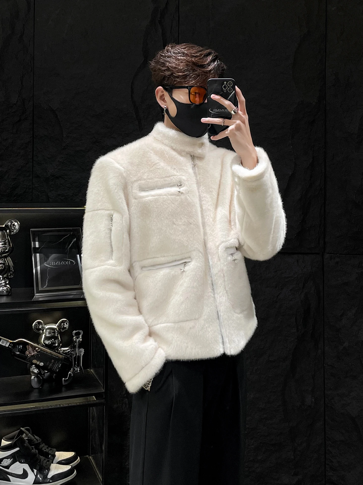 HOMME Herren Ort Kaninchenfell Jaet Stehkragen Warm Casual Faion Oberbekleidung Thiened Loose Fit Reißverschluss Mantel