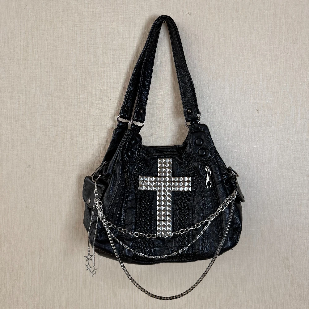 Original Subculture Punk Chain Bag Men and Women Black Crossbody Bags for Women's Locomotive Bag Design Tote Bags