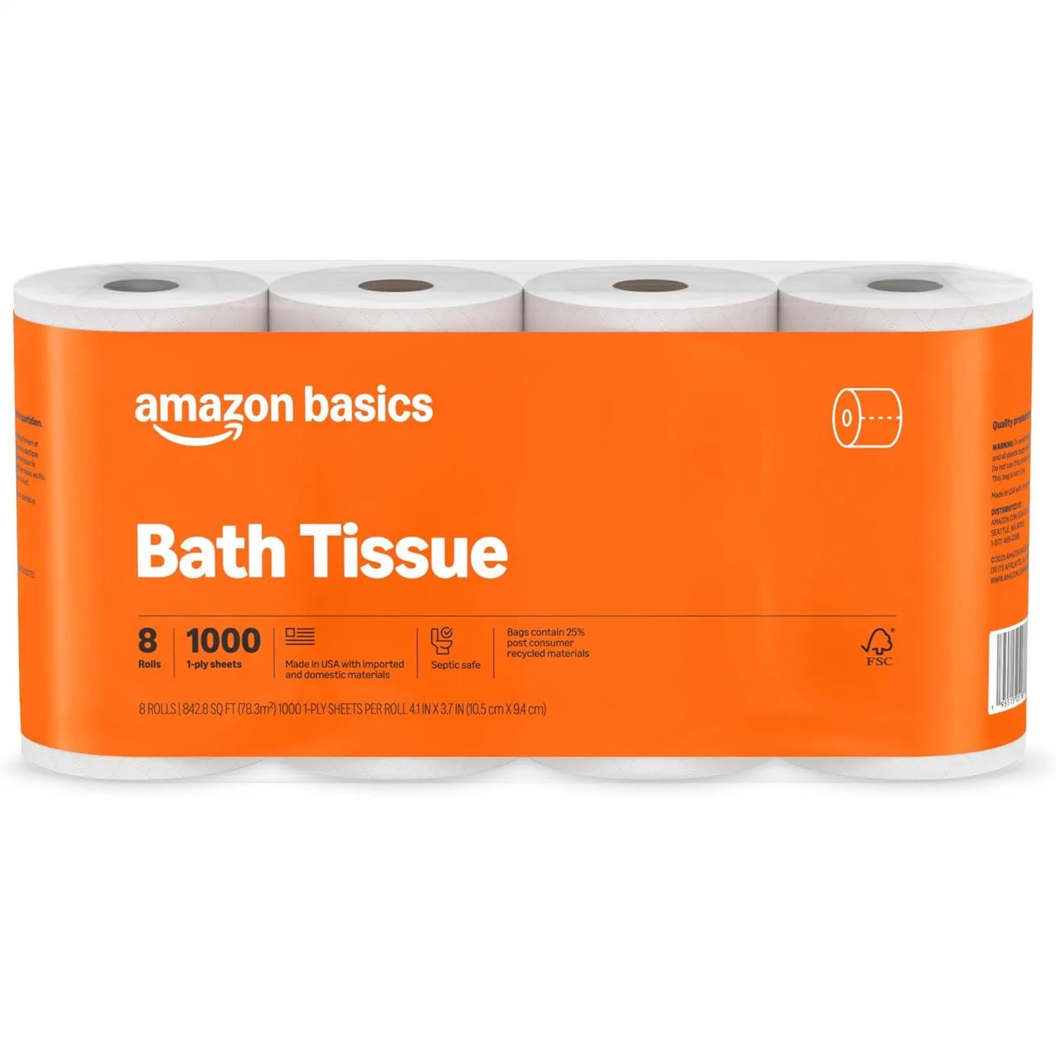 

1000 Sheet 1-Ply Bath Tissue, 8 Rolls, Septic Safe Toilet Paper