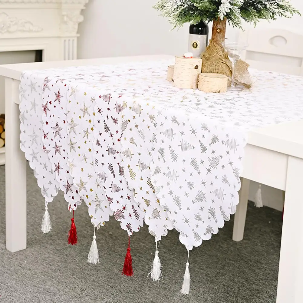 Gold Stamping White Table Runner for Christmas Party Decoration