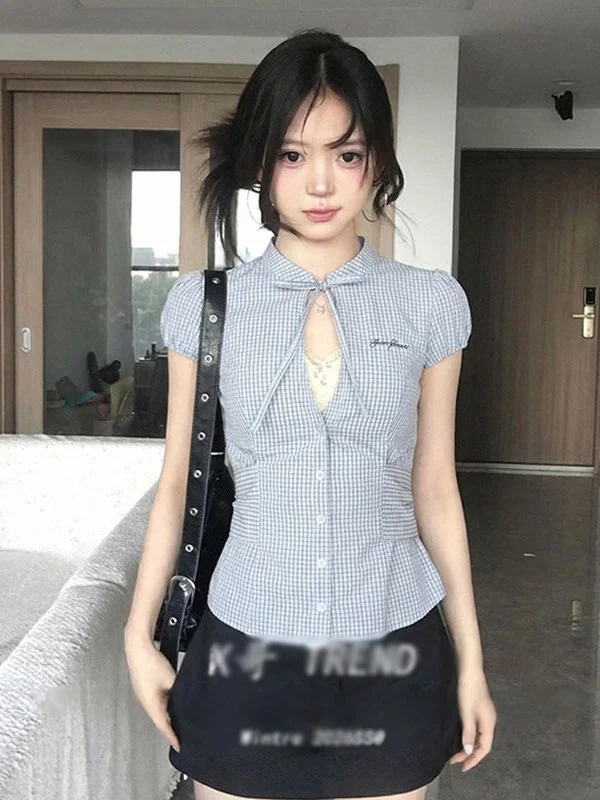 

Korean Style Plaid Short Sleeve Women's Shirt Summer Knot Hollow out Waist Cinching Slimming Fitted Shoulder Top