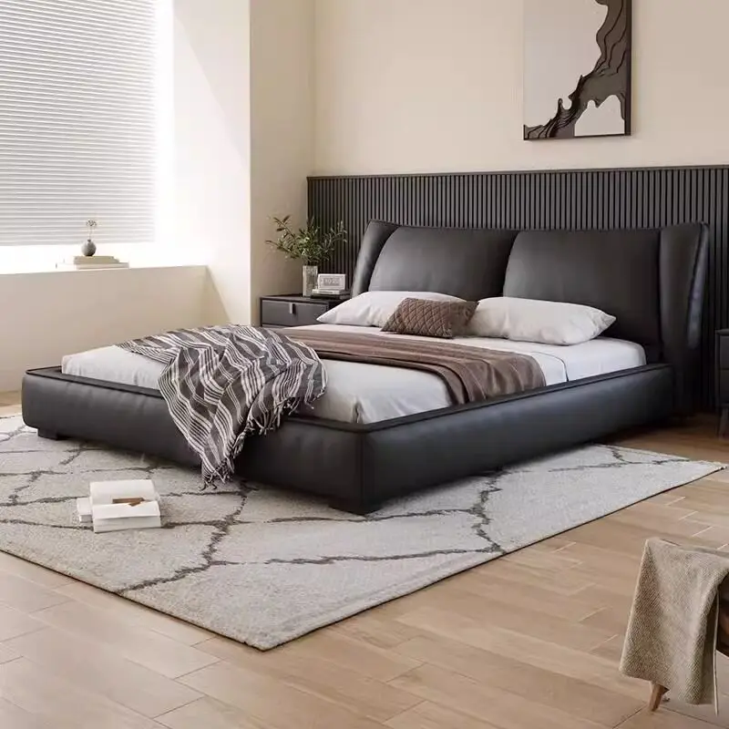 *New Style Modern Minimalist Genuine Leather Wood Frame Pneumatic Structure Storage   King-size High-end