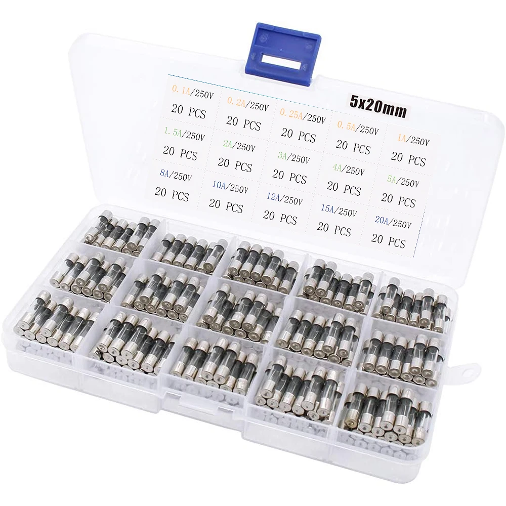 

15 Values 300pcs Fast-Blow Glass Fuses Kit 5x20mm 250V 0.1 0.2 0.25 0.5 1 1.5 2 3 4 5 8 10 12 15 20A packag in Clear Plastic Box