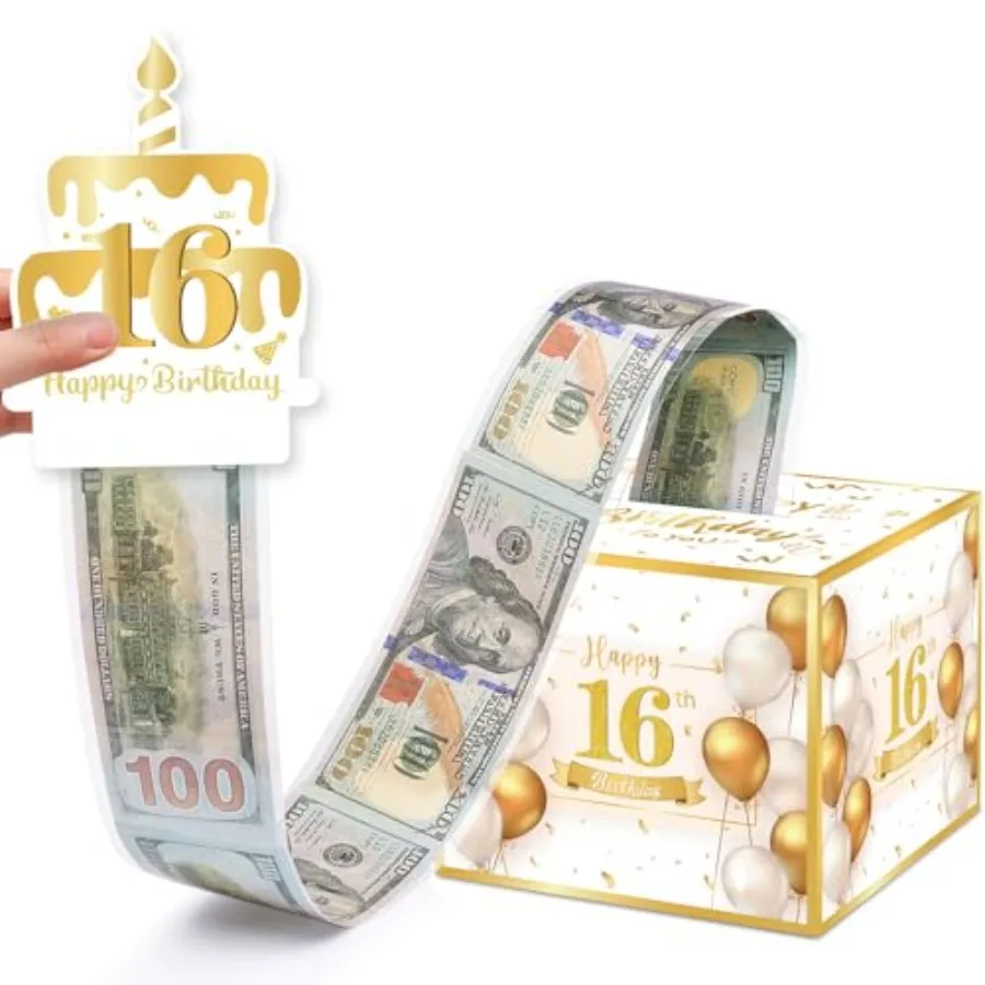 

16th Birthday Money Box for Cash Gift Surprise Pull Out Money Gift Box with 100Pcs Transparent Bags - Fun Ways to Give Cash as