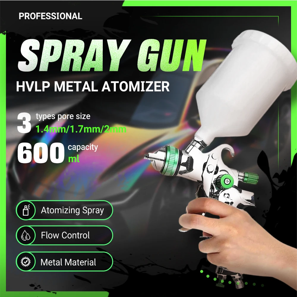 Gravity-Feed HVLP Spray Gun Kit 1.4/1.7/2.0mm Steel Nozzle Adjustable Flow For Automotive Furniture Refinishing & Metal Coating