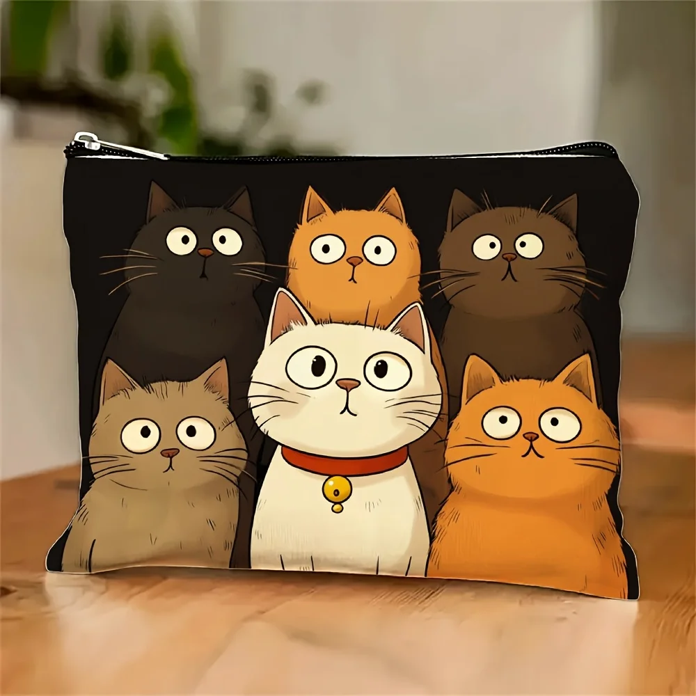 Makeup Bag with Cat Print, Cute Cartoon Style Storage Pouch for Students, Multi-Functional Travel Organizer with Zipper