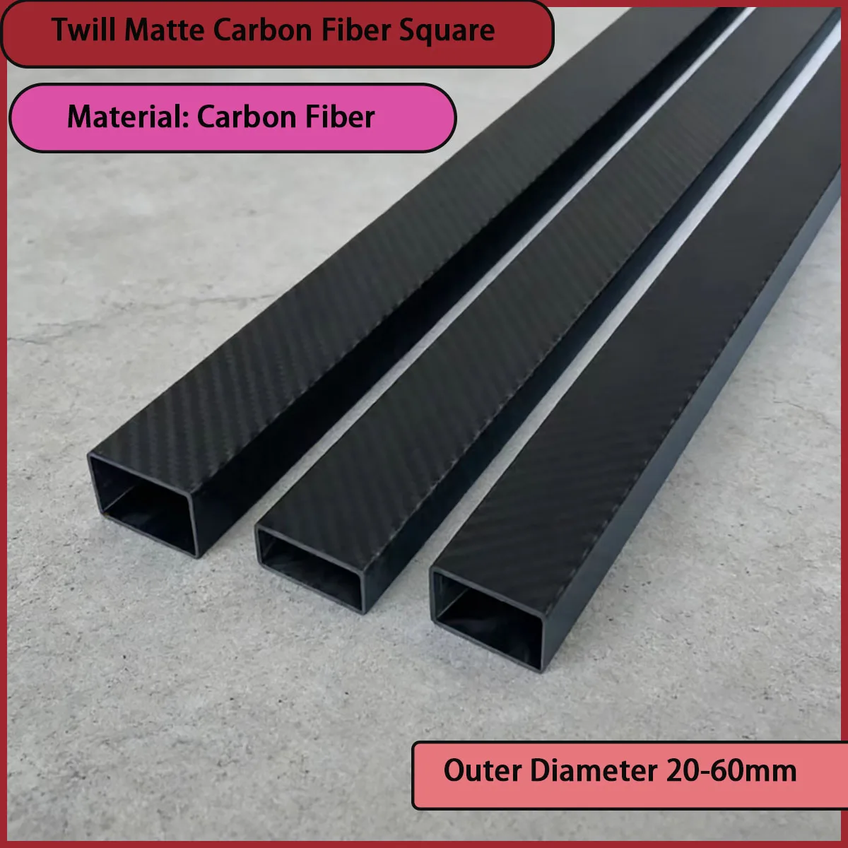 Full carbon fiber square tube with diagonal matte OD 20-60mm for aerospace, rail transit, high-end equipment, etc
