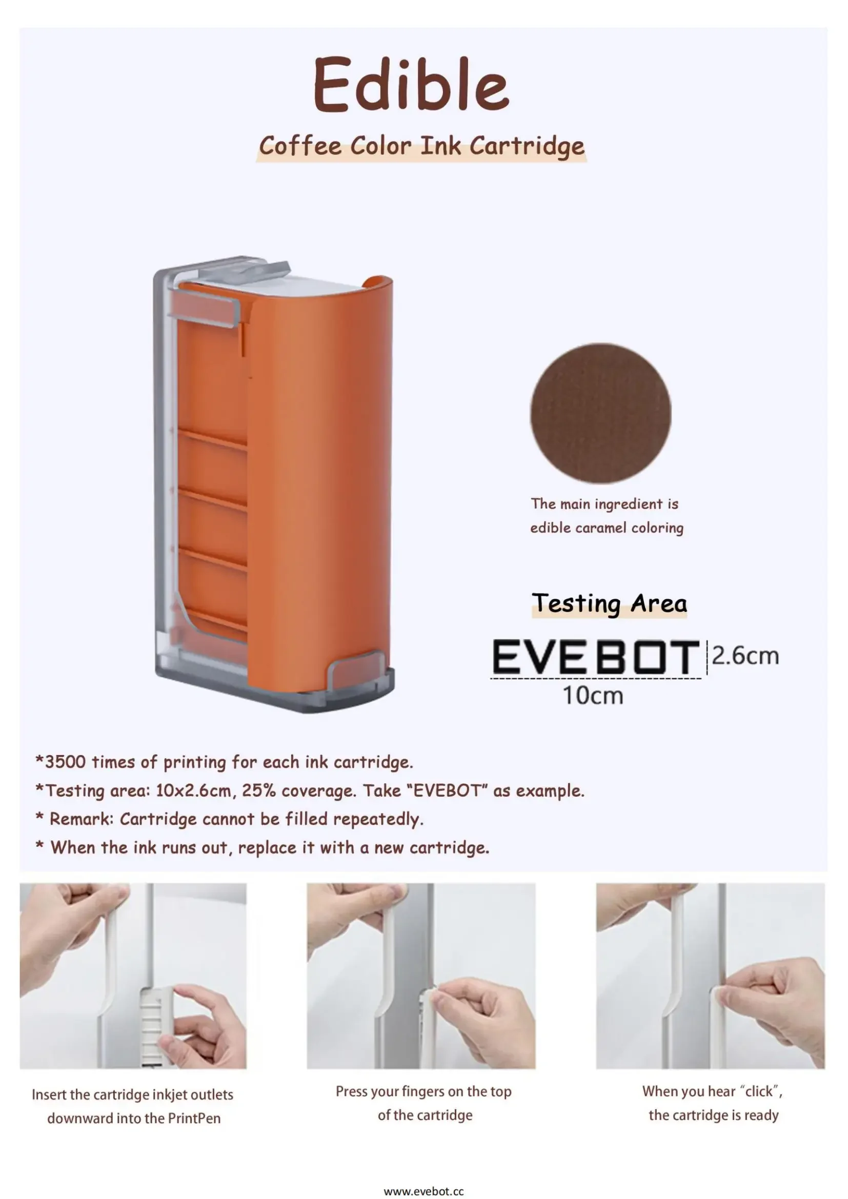 EVEBOT Handheld Food Inkjet Printer Edible Ink Print Range 26*100MM Portable Printpen DIY Custom Printing for Coffee Pattern