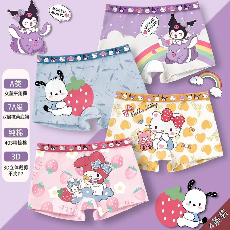 Roupa Interior Infantil Sanrio Série Respirável De Algodão, Cuecas Das Meninas, Cuecas Dos Meninos, Boxer Das Meninas, Presente Do Dia De Natal, Hellokitty, 4Pcs por Lote