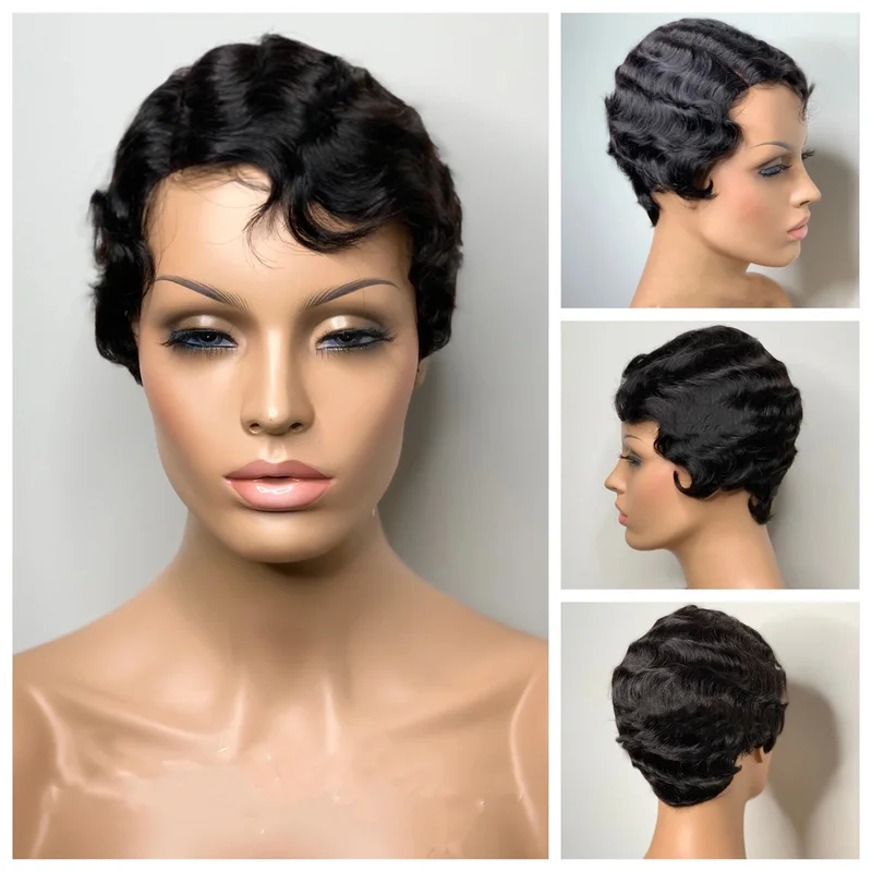 Black Finger Wave Short  Hair Wigs Pixie Cut Wigs For Black Women Natural