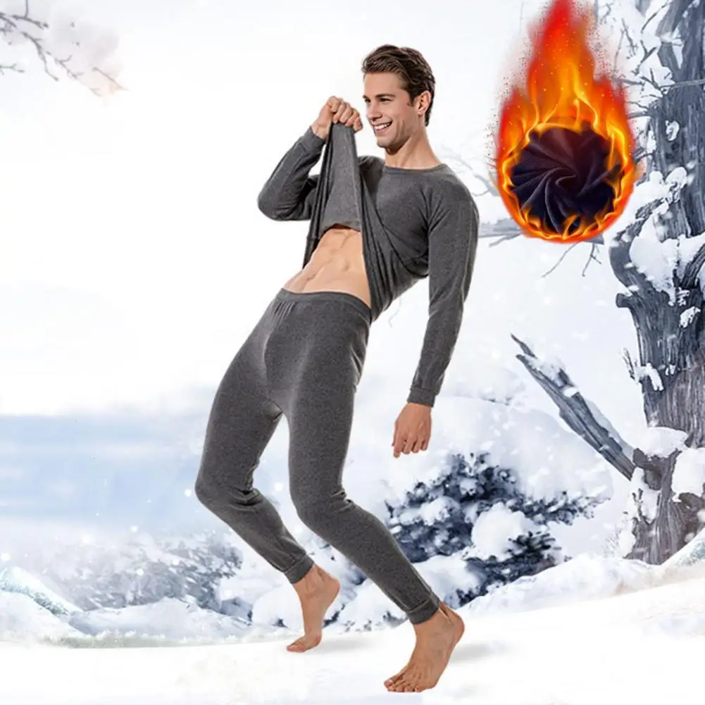 

(top+pants) Men's Casual Autumn Winter O Neck Elastic Waist Thermal Underwear Set Warm Slim Pants Clothes for Men