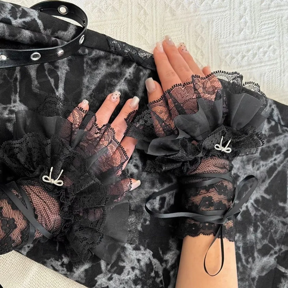 1 زوج أسود/أبيض أصابع قفازات الأزهار الدانتيل مطاطا لوليتا قفازات تكدرت تصميم اليد كم