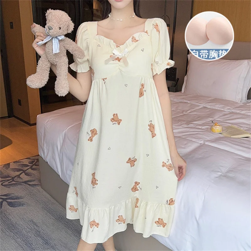 Women\'s Pajamas Dress New Printed Short Sleeve Chest Pad Cotton Nightdress Casual Summer Nightgowns For Women Sleeping Wear