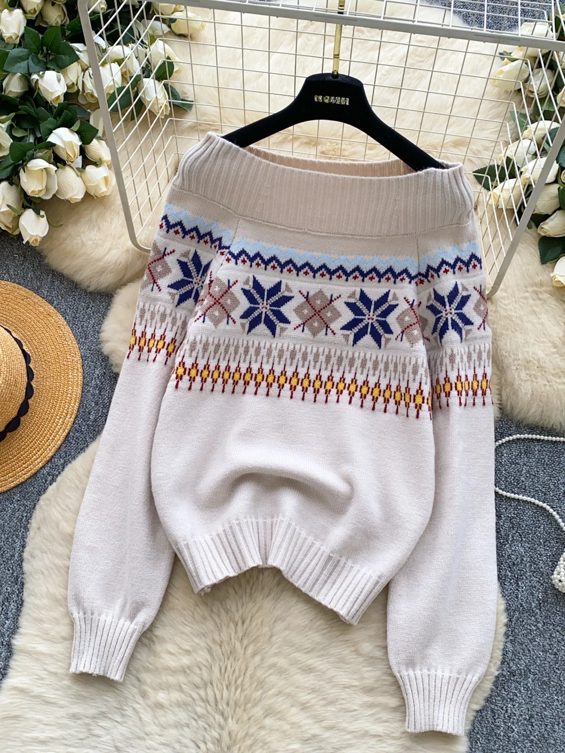 فضفاض محبوك سترة المرأة oulder Baring مطبوعة التخسيس الشتاء Faion عادية تنوعا طويلة Sve V-Ne سترة