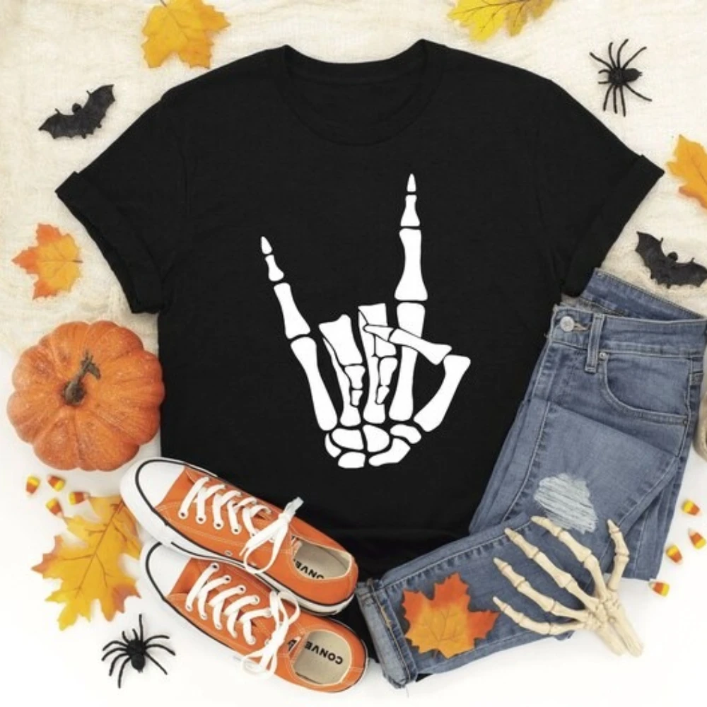 Magliette grafiche con reggiseno a mano scheletro Festival autunnale di novembre Abiti di felice Halloween Camicia da donna divertente per tutti i santi