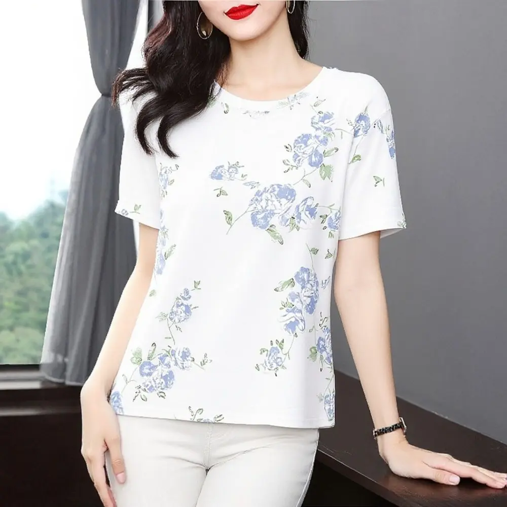 Elegant Ladies Summer Blouse Retro Ink Floral Print Short Sleeve Loose Fit Breathable Soft Fabric Fashion Mature Tee