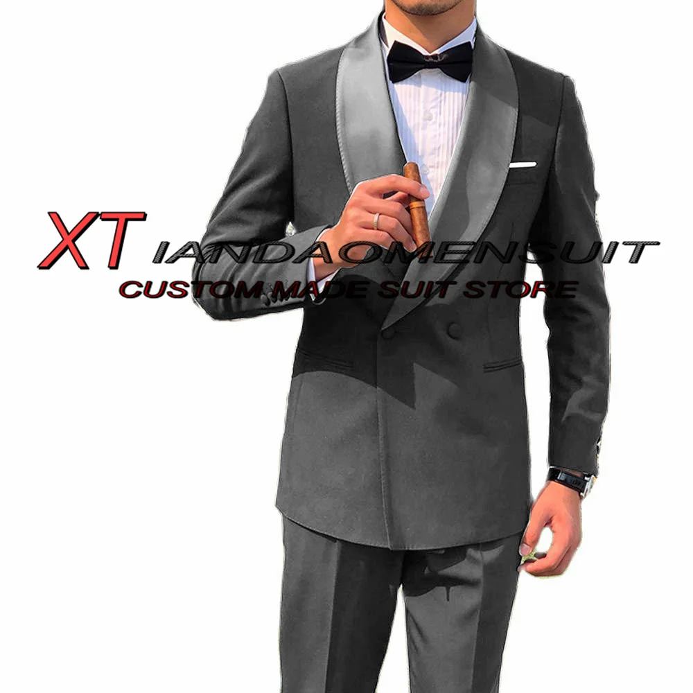 Men's Suit Wedding Tuxedo Double Breasted Jacket Pants 2 Piece Shawl Collar Youth Blazer Set Formal Slim Fit Outfit