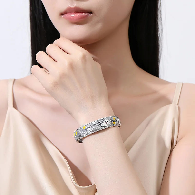 925 Sterling Silver Jewelry Vintage Peony Flower Cuff Bangles Bracelets for Women Wedding Party Jewelery For Girls Friends Gift 5