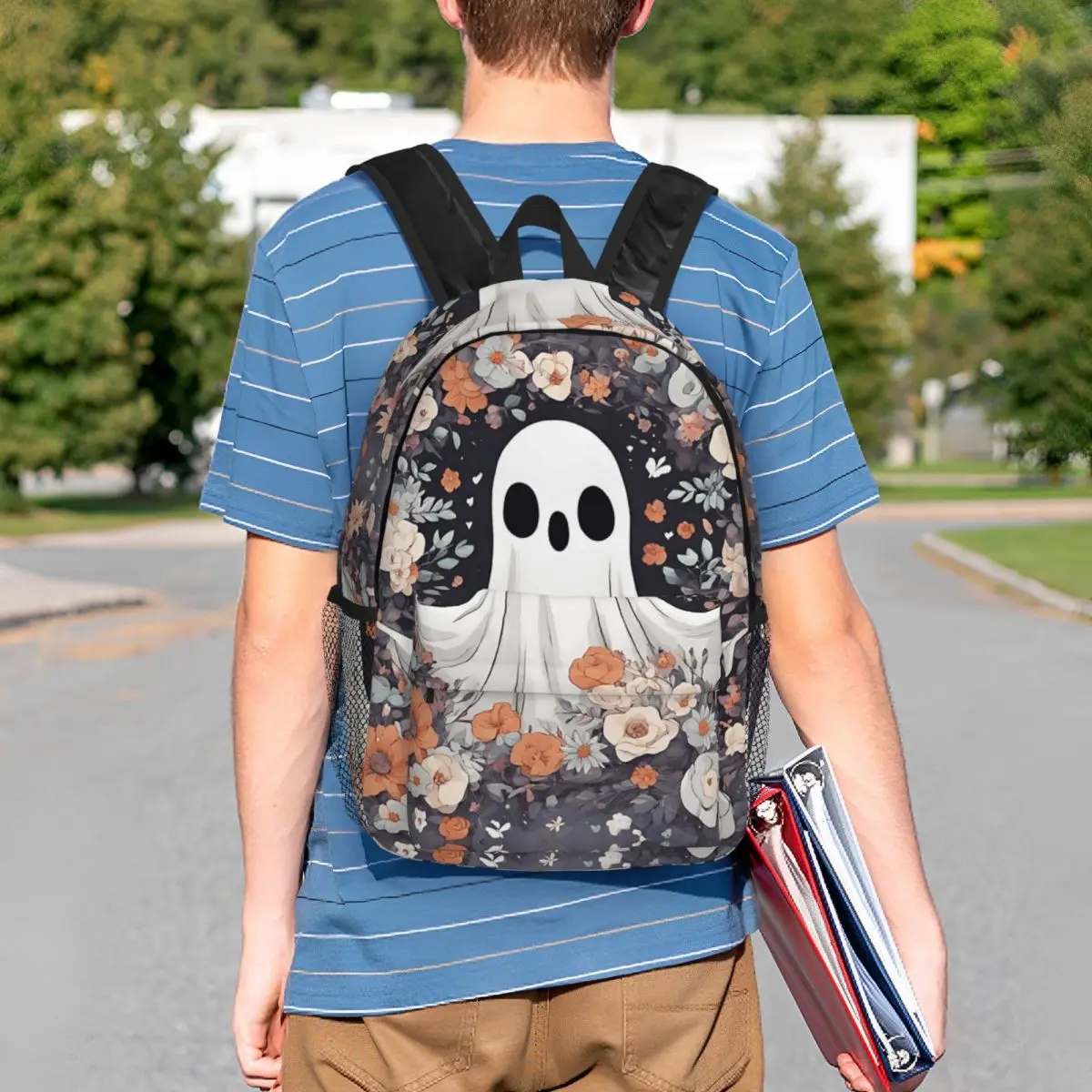 Cute Ghost Surrounded By Wild Flowers Backpack Student BookBag Kids School Bag Computer Shoulder Bags for Men Women
