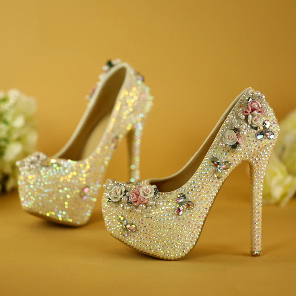 CACARE Luxury Wedding Shoes Pearl Flowers Full Rhinestones Pearl Platform High Heels Customized Bridal Shoes Cinderella F01900