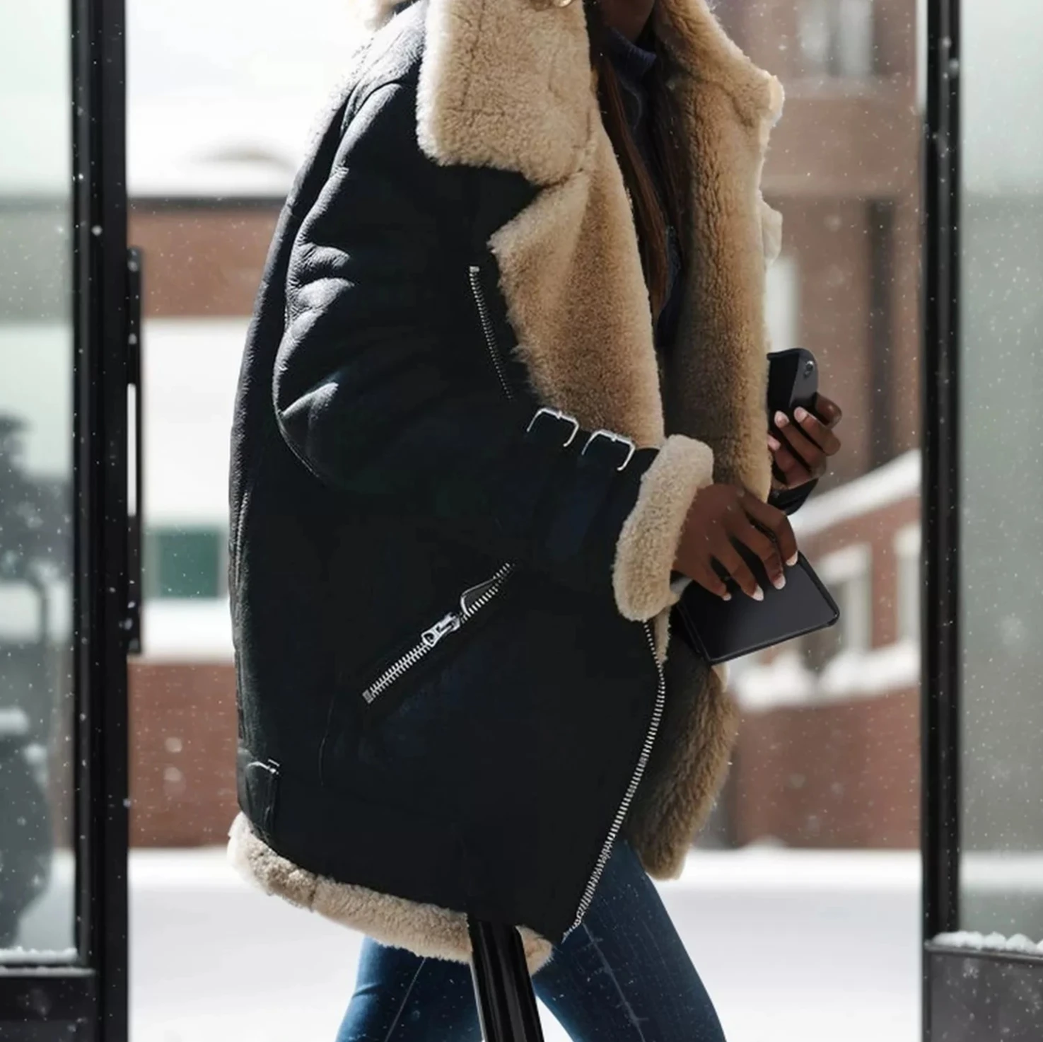 2025秋冬新作 レディース バイクジャケット |   襟付きファー コットン スエード ラムウールコート |   ゆったりとした厚手の暖かいファー襟