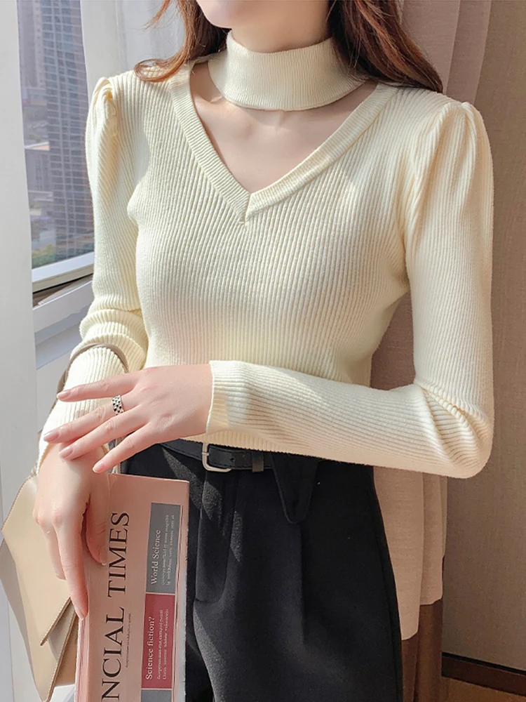 Hollow Out Halter Turtleneck Womens Sweater Pullover Slim Jumper Autumn Winter Soft Warm Women Knitwear Sweater Solid Tops 2024