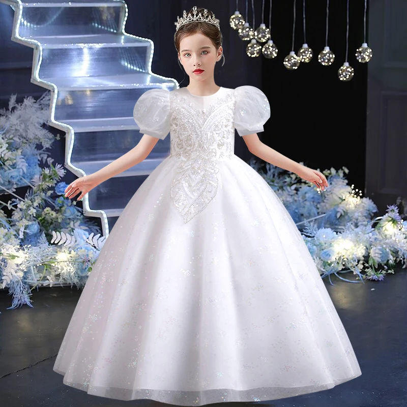 Girls' Sequin Bubble Sleeves Princess Dress 5-14 Years Old Bow Embroidered Puffy Dress Banquet Host High end Evening Dress