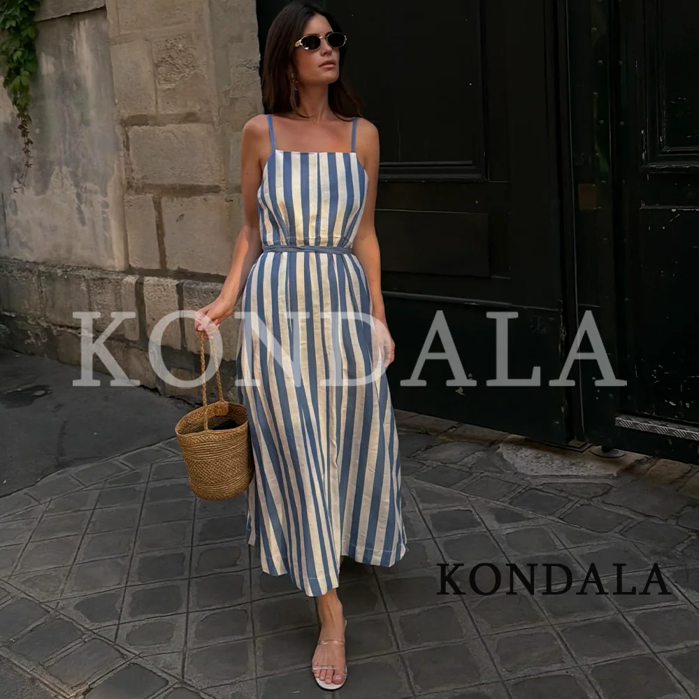 KONDALA Damen Elegantes Gestreiftes Schnürkleid 2026 Sommer Mode Freizeit Trägerkleid Damen Schlichtes Schickes Ärmelloses Midikleid